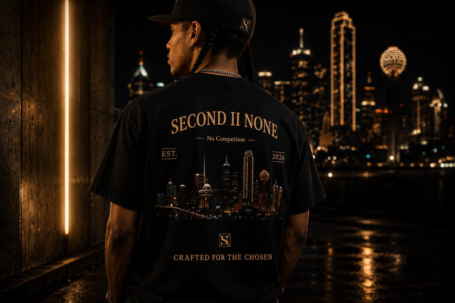 Model showing the Shreveport II Dallas tee's back print