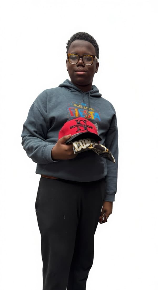 Young person in glasses holding a red Second II None cap and folded shirt