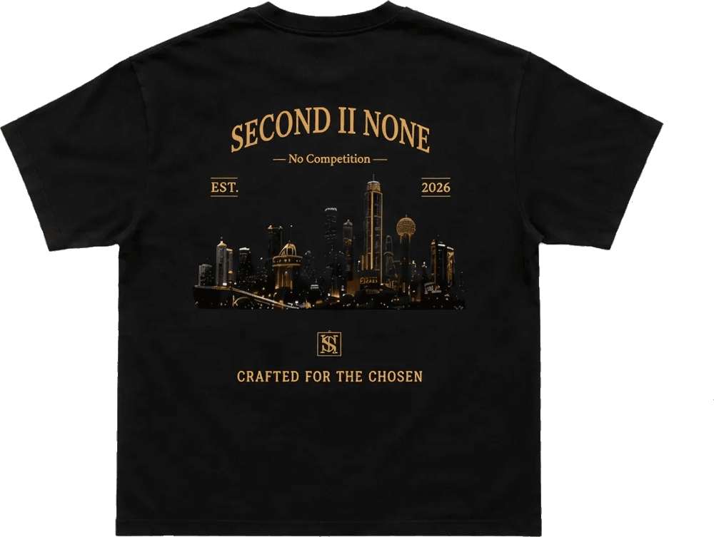 Second II None Shreveport II Dallas tee — a combined Shreveport and Dallas skyline on the back