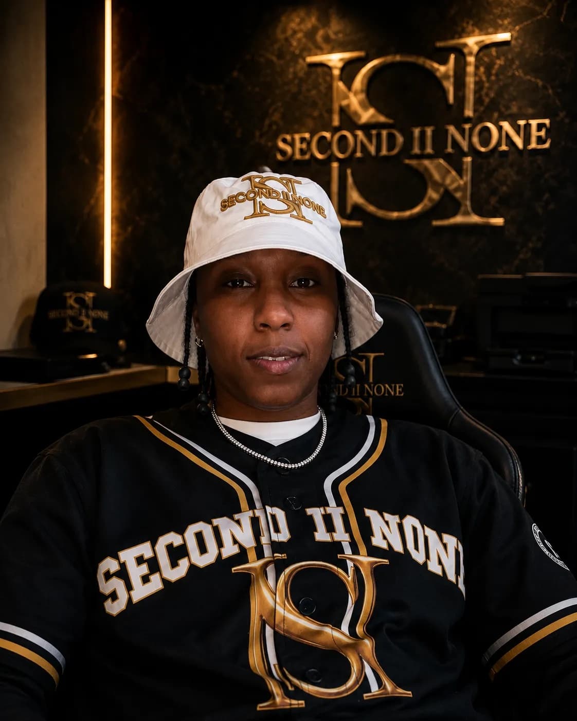 Free, founder of Second II None, in the Second II None jersey and bucket hat